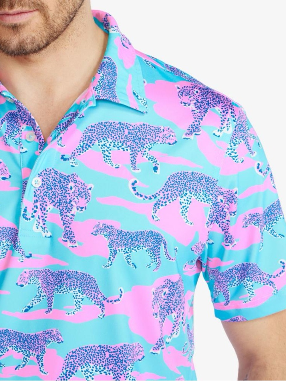Men's Short Sleeve Polo in Aqua with Pink & Purple Leopard Print